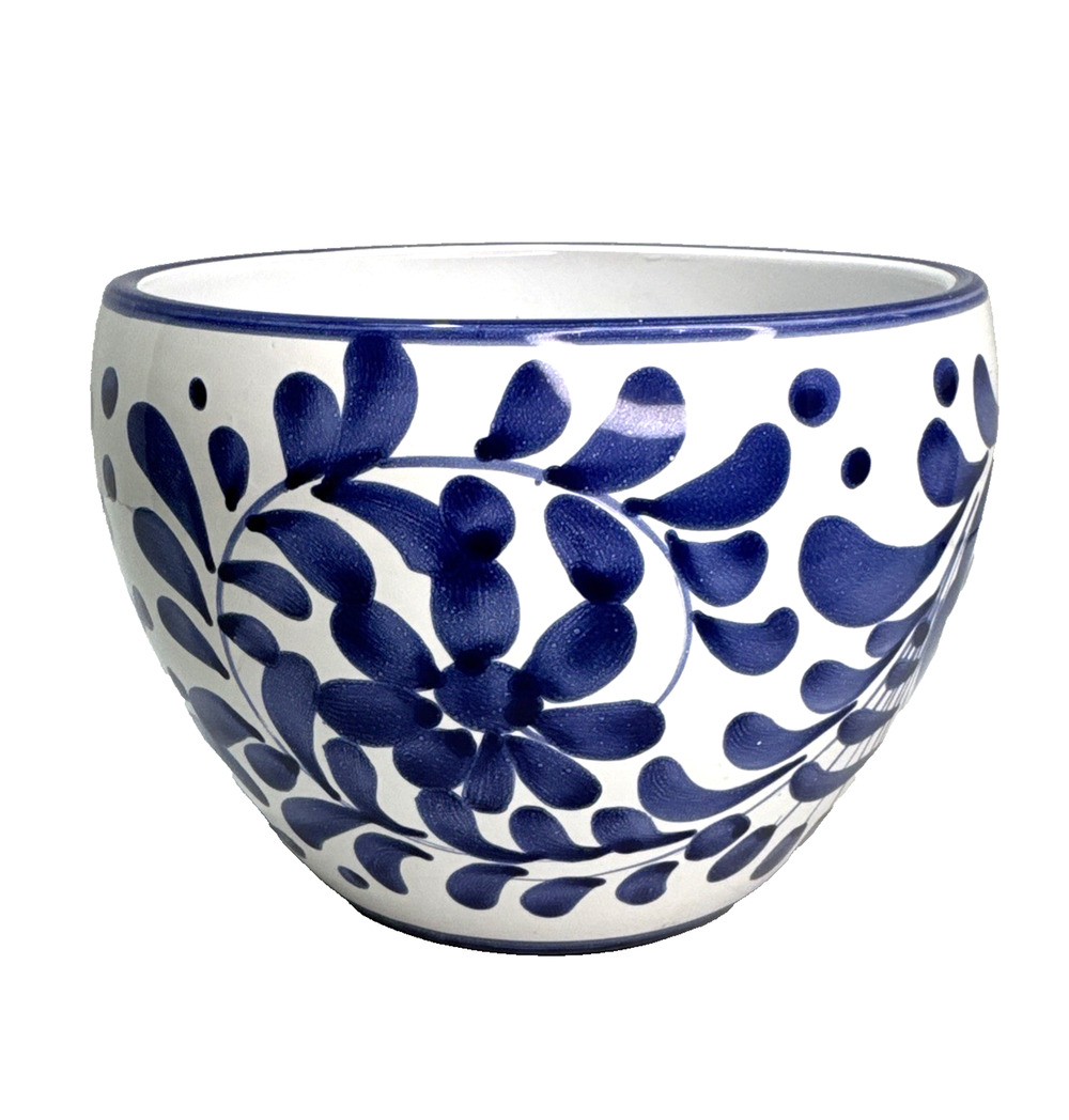 Handmade In Italy Vintage Ceramic Planter Blue White Floral Chinoiserie 6"